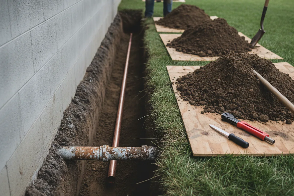Excavated water line trench during Water Heater Repair in Linn Grove